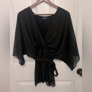 NASTY GAL Women's Black Dolman Sleeve V-Neck Tie Waist Top Size 12